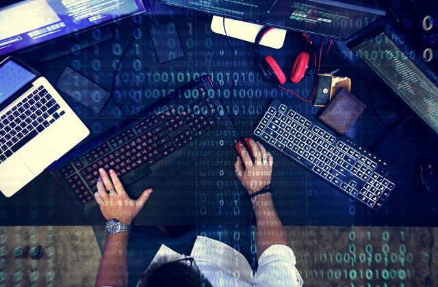 Programmer working about software cyberspace Programmer working about software cyberspace